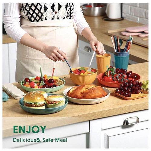 Macaron 4 colors 28-piece set wheat straw plate bowl cup k-n-ife fork spoon chopsticks outdoor tableware set