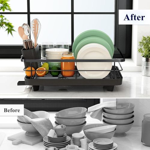 Flushrenic Dishwashing rack,Kitchen countertop cutlery drying rack,Dish Drying Rack for Kitchen Counter,Adjustable Drain Spout,Utensil Separation Design,Spout Removable Utensil and Cup Holder,Kitchen storage