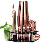 TodyJeyHo Set of 14 pieces for drinks, stainless steel, pink gold cocktail shaker, black rotating acrylic holder, pink gold
