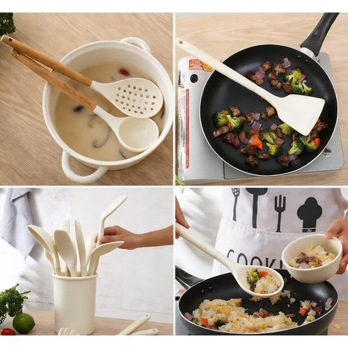 Silicone spatula with wooden handle kitchenware, 500g food-grade silicone, high temperature resistant kitchen utensils, 12-piece set