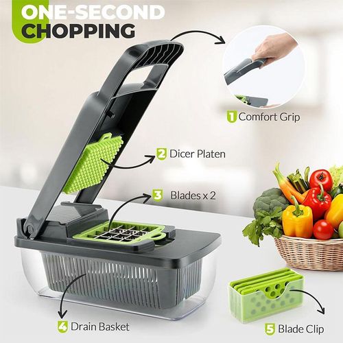 DONFANLIA 16-in-1 Vegetable Chopper Pro - Stainless Steel, BPA-Free, Mandoline Slicer &amp; Dicer Set with Drain Basket, Compact 13" Storage, Safe for Kids