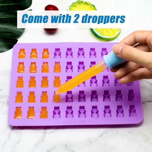 Silicone Bear Candy Molds with 2 Droppers, Non-Stick, Includes Mini Dinosaur, Bear, Hearts and Mini Donut, Set of 4