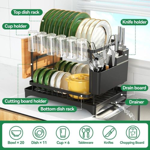 addigoes 2-Tier Iron Dish Drying Rack with Drip Tray &amp; Utensil Basket - Heavy Duty Kitchen Counter Organizer, Space-Saving (Black)