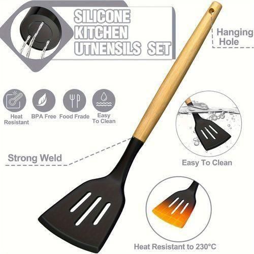 44pcs Ustensiles De Cuisine En Silicone Avec Manche En Bois, Spatules Antiadhésives