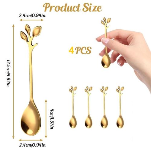 Set Of 4 Ceramic Tea Cups With Stand,Printed Coffee Mugs With Holder+Elegant Gold Leaf Coffee Spoons,Tableware Dessert Spoons,Espresso &amp; Dessert Tea Spoons  - 150 ML