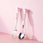 2 PCS Spoon and Fork Set, Cute Stainless Steel Silverware Set, Cartoon Salad Forks and Soup Spoons, Gift for Her