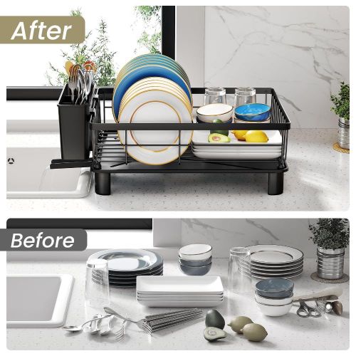 addigoes Iron Dish Rack with Extendable Drainboard &amp; Knife Holder - Space Saving Counter Drying Rack with Utensil Holder and Knife Slots (Black)