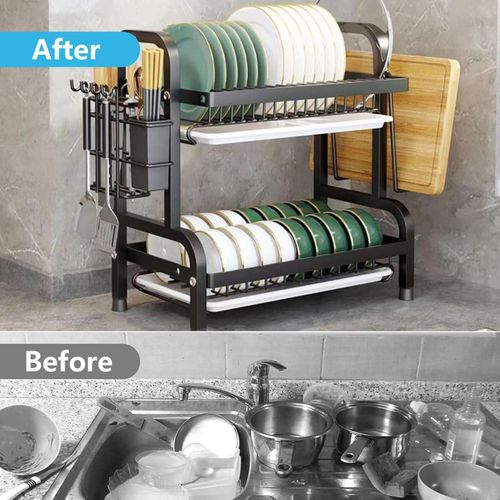 CYFAZA 2 Tier Dish Rack for Kitchen Counter, Dish Drying Rack with Draining Tray, Plate Rack &amp; Dish Drainer, Utensil Holder and Cutting Board Holder