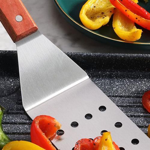 Stainless Steel Perforated Spatula - Wood Handle Flexible Grill Turner for Kitchen &amp; BBQ