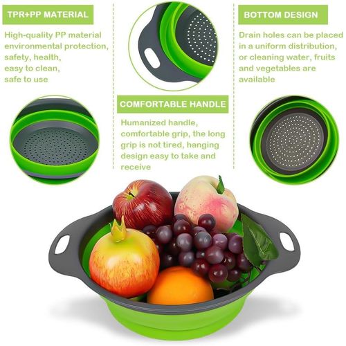 2 Pack Collapsible Colander Set, Round Silicone Folding Collapsible Strainers with Plastic Handles, Eco-Friendly Food Strainer for Kitchen Draining Pasta Vegetables Fruits-1 Large and 1 Small