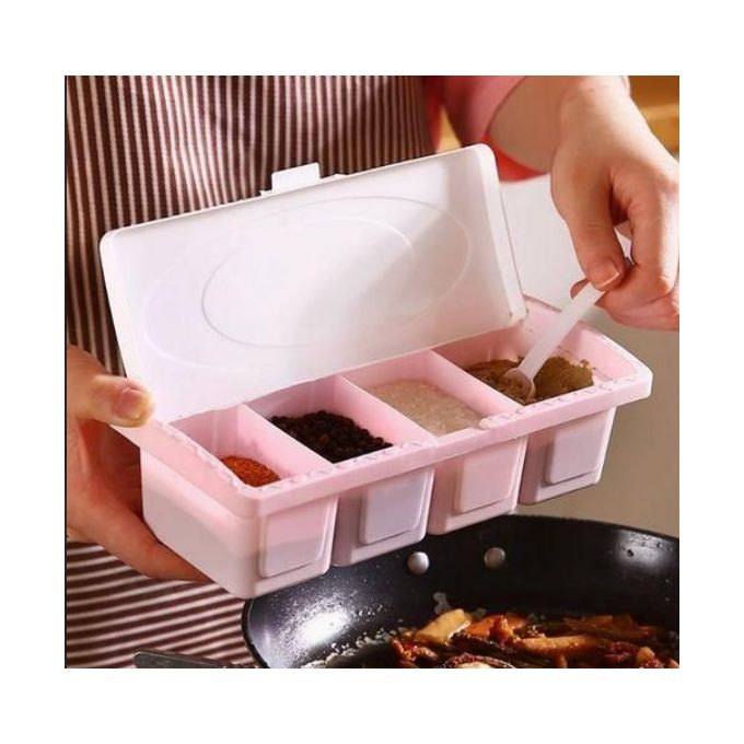 Multi-Compartment Kitchen Spice Storage Box with Lid – Pink