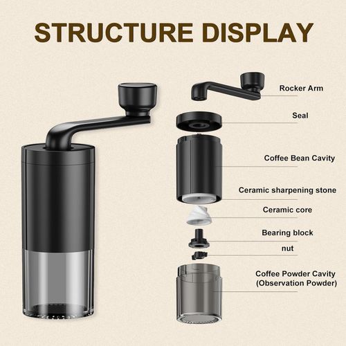 Manual Coffee Bean Grinder, Black Hand with Cleaning Brush, Portable Ceramic Core Adjustable Coarse to Fine Detachable Espresso Grinding for Travel Home Office