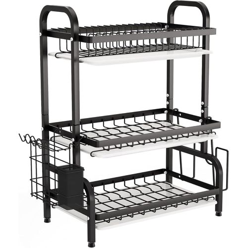 CYFAZA Dish Drying Rack, Metal 3-Tier Large Capacity Dish Rack with Utensil Holder, Cutting Board Holder, Draining Board Tray for Kitchen Counter Storage (Black)