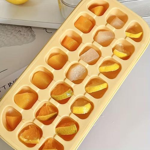Ice Cube Tray with Lid and Bin for Freezer - 21 pcs Silicone Ice Cube Mold, No Touch Easy Release - BPA free, Reusable, Stackable, suitable for cocktails whiskey coffee and more (Yellow-21 pcs)