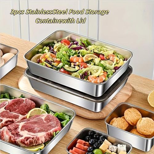 3pcs Stainless Steel Food Storage Containers Leak-Proof, Stackable, Space-Saving - Heavy-Duty Stainless Steel Construction, Airtight Lid for Freshness