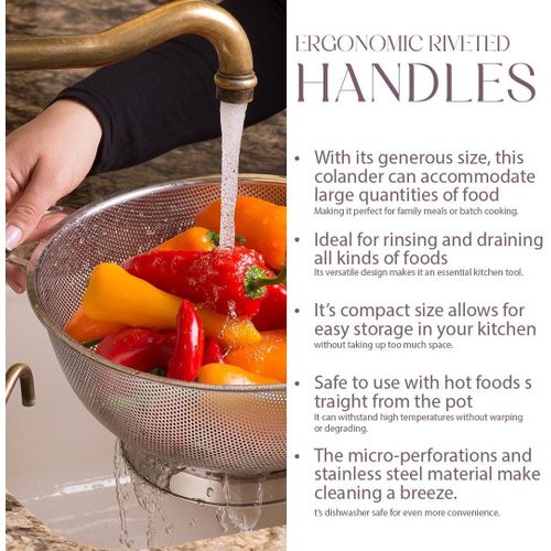 Colander for Kitchen – 5L Stainless Steel Strainer with Handle - Pasta Strainer Bowl for Pasta, Spaghetti, Vegetables, Fruit, and Pot Draining - Stainless Steel Colander