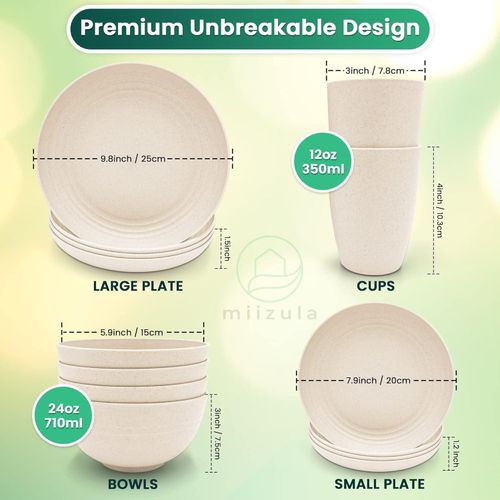 16PC Wheat Straw Bowls, Plates And Dishware Set - Beige