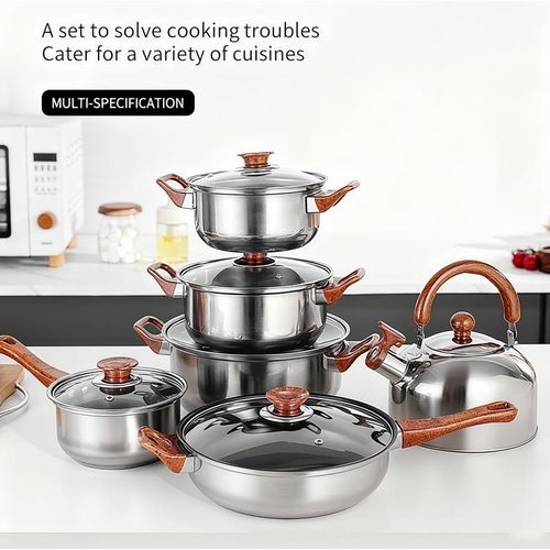 18pcs - stainless steel cookware set including milk pot, soup pot, flat bottom non-stick pan, pot lid, spatula combination pot set