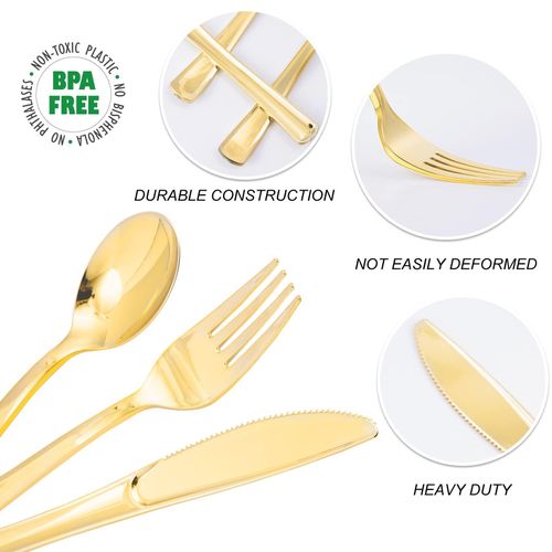 Flushrenic disposable cutlery,60 piece set of gold plastic silverware disposable tableware -20 forks, knives, spoons - disposable tableware heavy-duty plastic tableware set, suitable for catering, parties, dinners, weddings