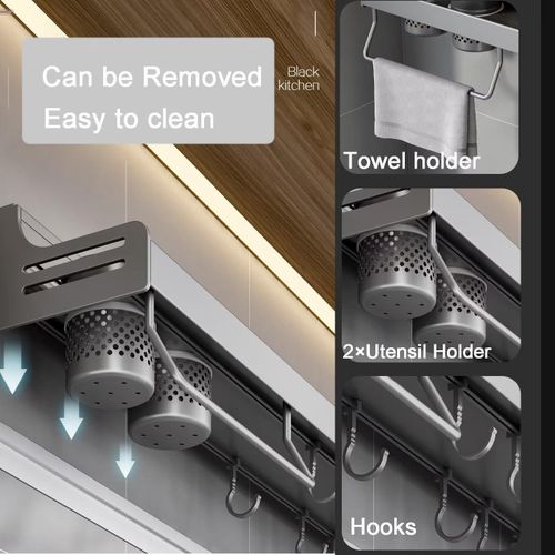 General 60cm Black Stainless Steel Kitchen Storage Shelf with Double Support