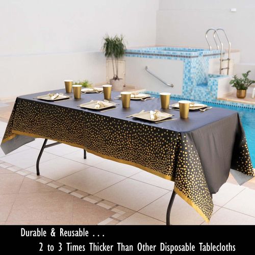 Premium Black and Gold Plastic Tablecloths – Thick, Durable, Reusable Table Covers (54 x 108 in) – Disposable Party Tablecloths for Birthday, Graduation, Holiday and Event Decorations