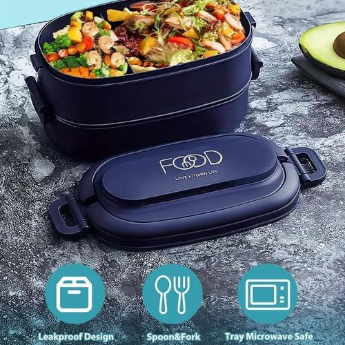 Sturdy Stackable Bento Lunch Box with Individual Compartments - Microwave Safe, Leak-Proof, Durable Polypropylene Container for Work and Outdoor Use - Navy