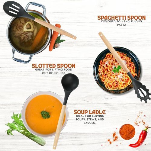 12 PCS Kitchen Cooking Utensils Set, Non Stick Silicone Utensil Set 446°F Heat Resistant, Wooden Handle Silicone Cookware Set