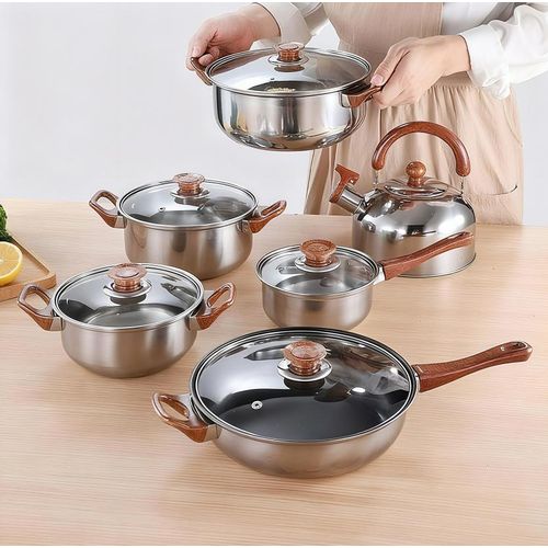 18pcs - stainless steel cookware set including milk pot, soup pot, flat bottom non-stick pan, pot lid, spatula combination pot set