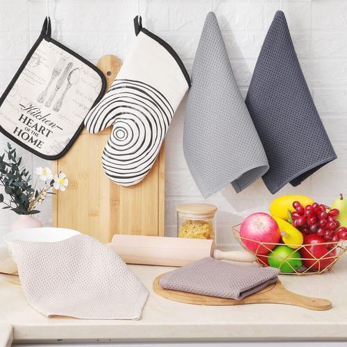 TodyJeyHo 100% Cotton Waffle Weave Kitchen Dish Cloths, Tea Towels Ultra Soft Absorbent Quick Drying Dish Towels, 34×34 CM, 3 Pack(Dark blue, Beige, Brown)