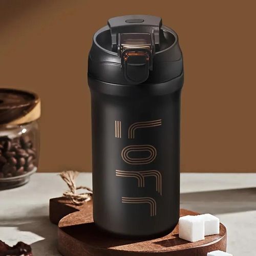 600ml 316 Stainless Steel Double Spout Insulated Coffee Mug - Drink/Straw Dual-Use Design, Leak-Proof and Stain-Proof - Black