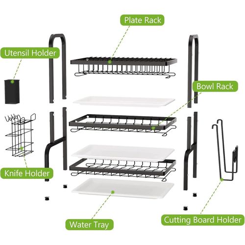 CYFAZA Dish Drying Rack, Metal 3-Tier Large Capacity Dish Rack with Utensil Holder, Cutting Board Holder, Draining Board Tray for Kitchen Counter Storage (Black)
