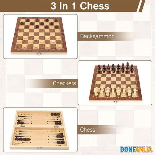 DONFANLIA Chess Game, 3-in-1 Wooden Chess Game, Foldable Travel Chess Game for Children, Portable Chess Games Chess Set for Family Party Travel - 24 x 24 cm