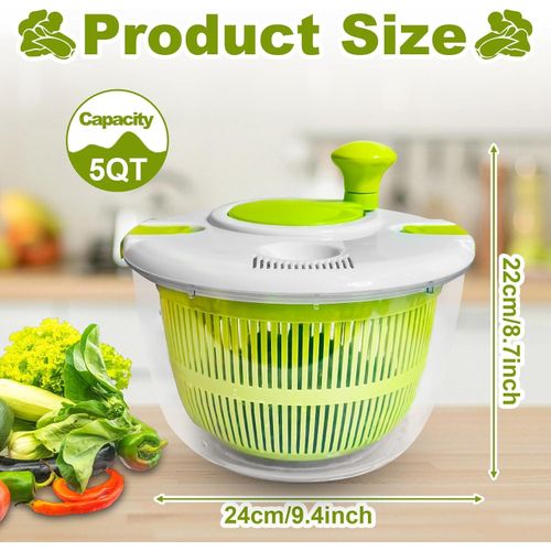 Salad Spinner, Vegetable and Fruit Washing Dryer, Lettuce Spinner – 5L Large Capacity, Green, Easy to Use and Clean