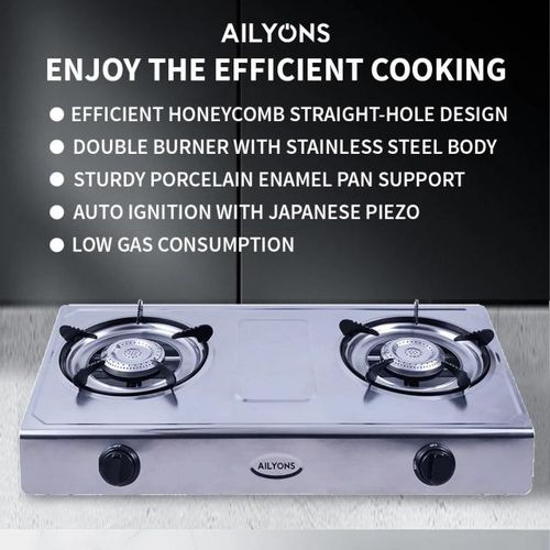 AILYONS GS017 Gas Cooker Double Burner Stainless Steel Table Top (1YR WRTY)