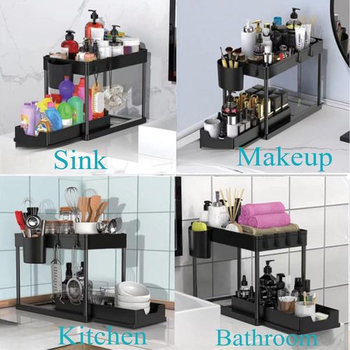 Under Sink Organizers and Storage, 2-Tier Sliding Cabinet Basket Organizer with Hooks, Multi-Purpose Under Sink Organizers and Storage for Bathroom Kitchen