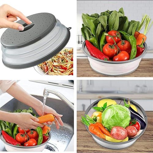 Collapsible Microwave Splatter Cover &amp; Colander - BPA-Free, Vented Lid with Hook Hole, Dishwasher Safe (1 Pack)