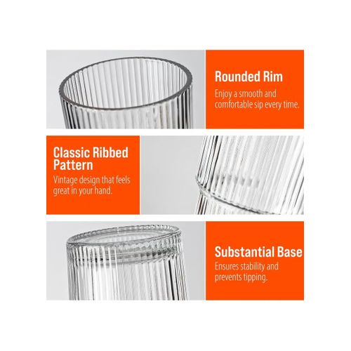 Flushrenic 20oz Coffee Cup,Ribbed Glass Tumblers with Lids &amp; Straws, for Ideal for Iced Coffee, Cappuccino And Tea - Includes Cleaning Brush