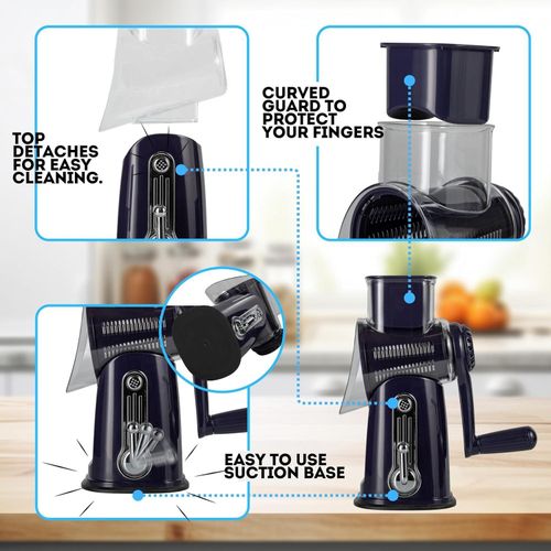 TodyJeyHo 5-in-1 Rotary Cheese Grater with Handle – Stainless Steel Blades, Vegetable Slicer &amp; Shredder, Nut Grinder, Carrot &amp; Cabbage Grater, Easy-to-Clean Kitchen Tool (Purple)