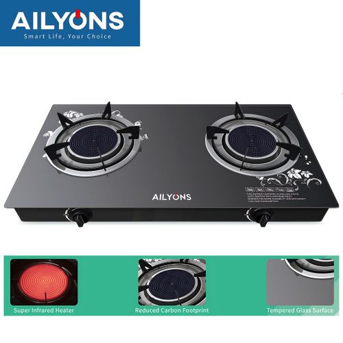 AILYONS GS005A-1, 2 Burner Glass Top Gas Cooker &amp; Infrared Double Burner  (1YR WRTY)