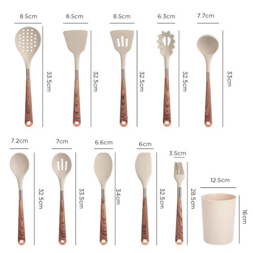 11 Piece Silicone Wood Grain Handle Non-stick Cooking Utensils Set With Storage Bucket