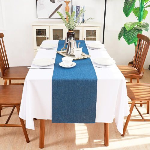 Solid Tablecloth and Table Runner Set, Washable Kitchen Dining Table Decoration for Home Party Decor, Dark Blue
