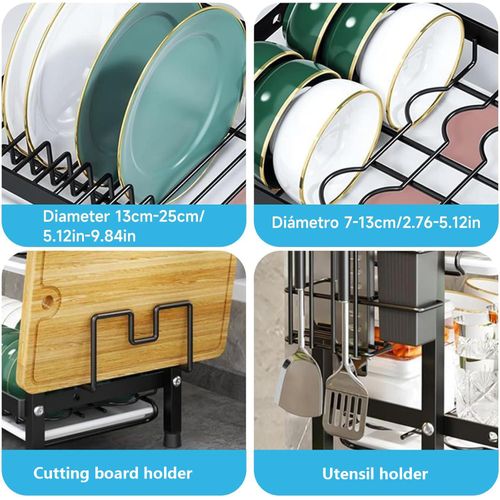 CYFAZA 2 Tier Dish Rack for Kitchen Counter, Dish Drying Rack with Draining Tray, Plate Rack &amp; Dish Drainer, Utensil Holder and Cutting Board Holder