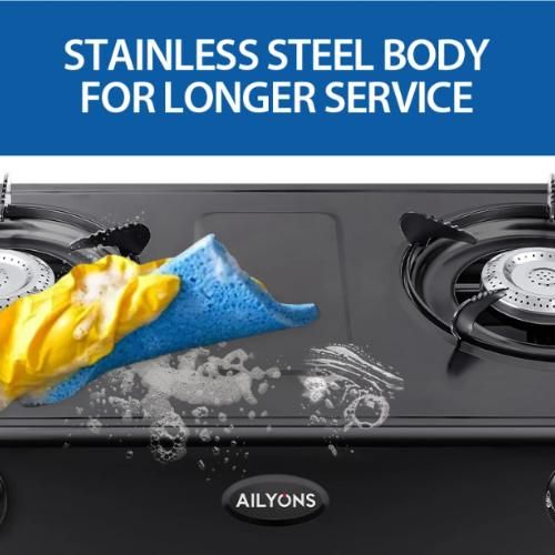 AILYONS GS017-1 Stainless Steel Double Burner Gas Cooker Table Top Gas Stove - Black (1YR WRTY)