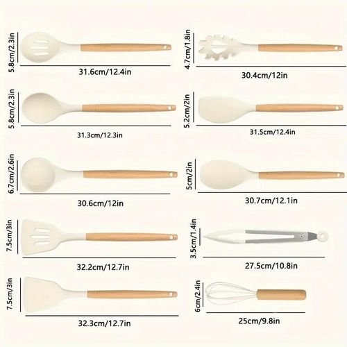 10-piece set of non-stick pans with wooden handles and silicone spatulas - khaki