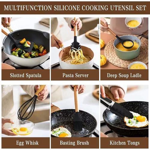 12Pcs Silicone Cooking Utensils Set – Non-Stick, Heat Resistant, Wooden Handle -Khaki