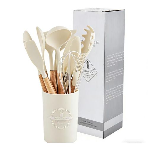 Silicone spatula with wooden handle kitchenware, 500g food-grade silicone, high temperature resistant kitchen utensils, 12-piece set