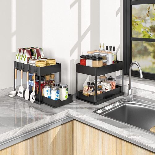 2-layer storage under sink, sliding drawer, multifunctional organizer for kitchen and bathroom sink