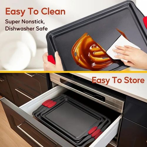 3-Piece Carbon Stainless Steel Non-Stick Oven Baking Pan with Red Silicone Handles