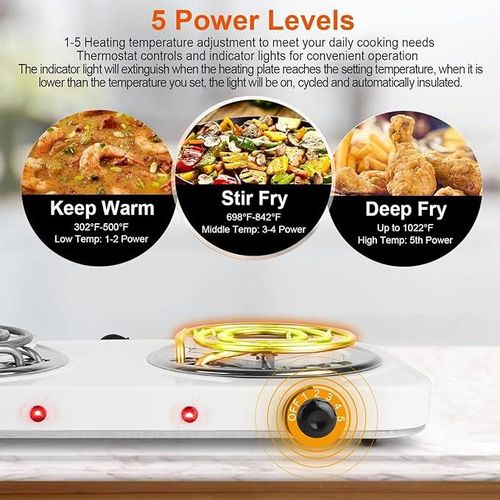 Jx 2000W Portable Electric Double Coil Burner With Dual Control &amp; 5 Level Temperature Control, Easy To Clean, Lightweight Stainless Steel Countertop Stove For Kitchen Dorm Camping