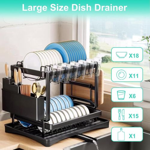 Kitchen countertop utensil drying rack, double-layer stainless steel drain with drainage board and utensil rack, used for large capacity storage of bowls/cups/bottles